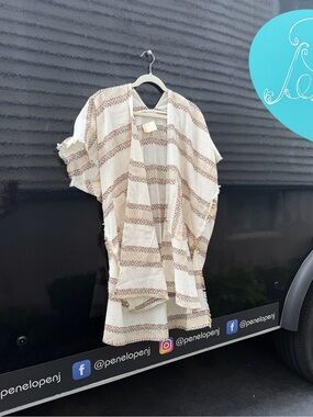 Lightweight Cream & Tan Striped Swim Coverup